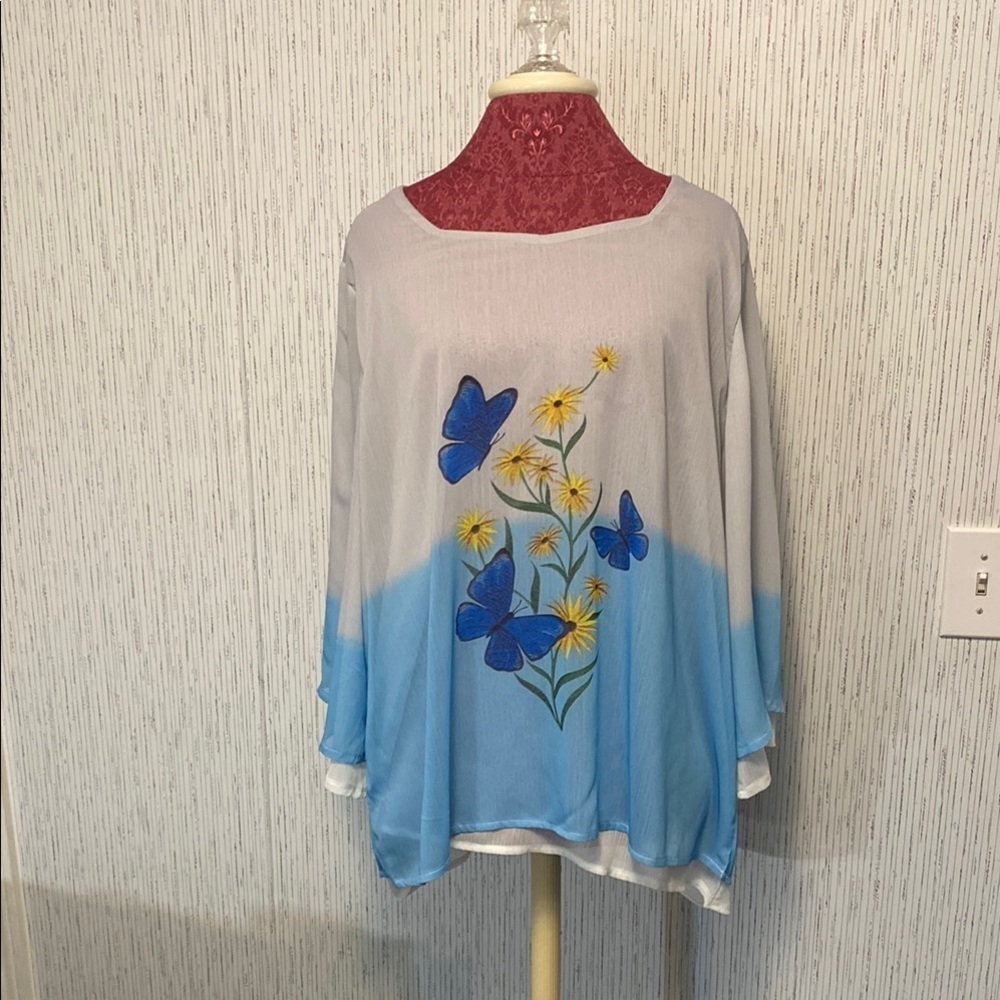 Blue & White Misslook Tunic Layered  with Wide Bell Sleeves Size XL